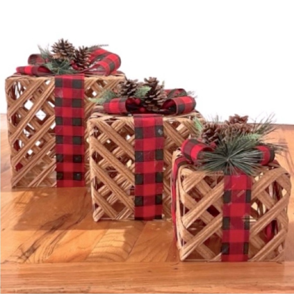 NWT- Set of 3 Farmhouse Woven Christmas Presents with Buffalo Check Ribbon